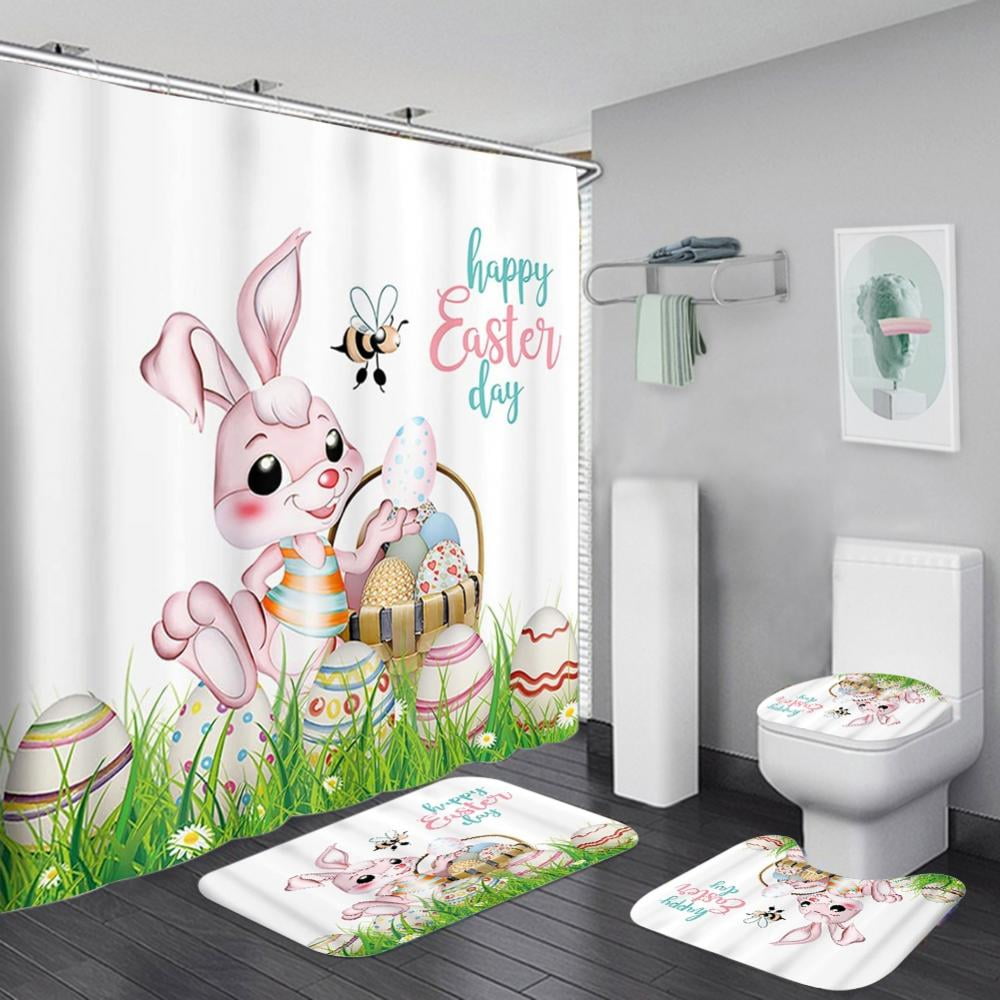 Happy Easter Bathroom Waterproof Fabric Shower Curtain & Hooks Set eggs rabbit 