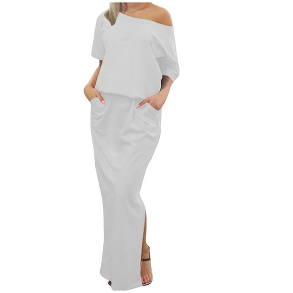 cfhntfmh Women's Short Sleeve Maxi Dress with Pockets Split Casual Loose Elastic Waist Long Summer Beach Sundress