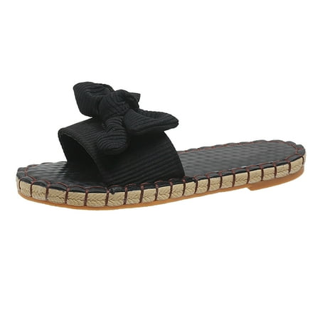 

SEMIMAY Ladies Fashion Solid Color Cloth Bow Decorative Open Toe Comfortable Flat Beach Slippers