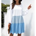 thumbnail image 2 of Vestido de manga larga para mujer, bloque de color, cuello redondo, fluido, escalonado, ajuste holgado, vestido plisado fluido, 2 of 6