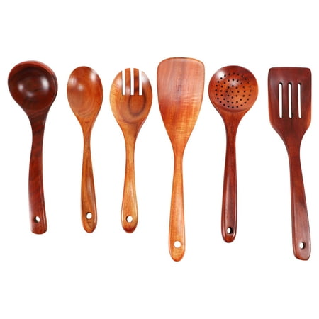 

Wooden Utensils Set of 6 Kitchen Cooking Utensil for Non Stick Cookware Natural Teak Wood Spoons Spatula Ladle Colander Durable Seamless Kitchen Tools