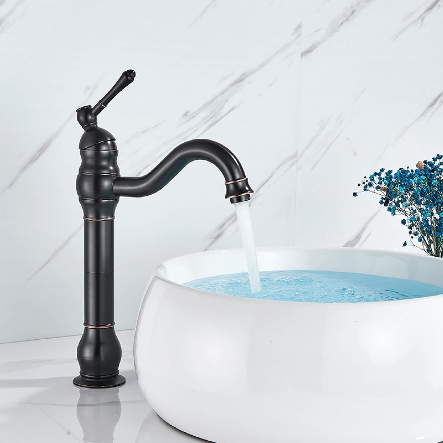 Vintage Bathroom Faucet, 360 Degree Swivel Spout Bathroom Sink Faucet, Cold/Hot Water Basin Tap, Single Handle Bathroom Faucet High, Black