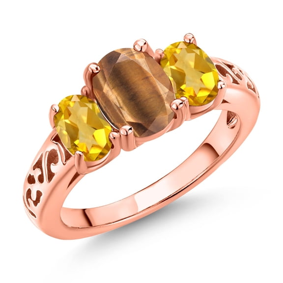 Gem Stone King 18K Rose Gold Plated Silver Brown Tiger Eye and Yellow Citrine Filigree Style 3 Stone Ring for Women (2.15 Cttw, Oval 8X6MM and 6X4MM, Size 5) (Size 5)