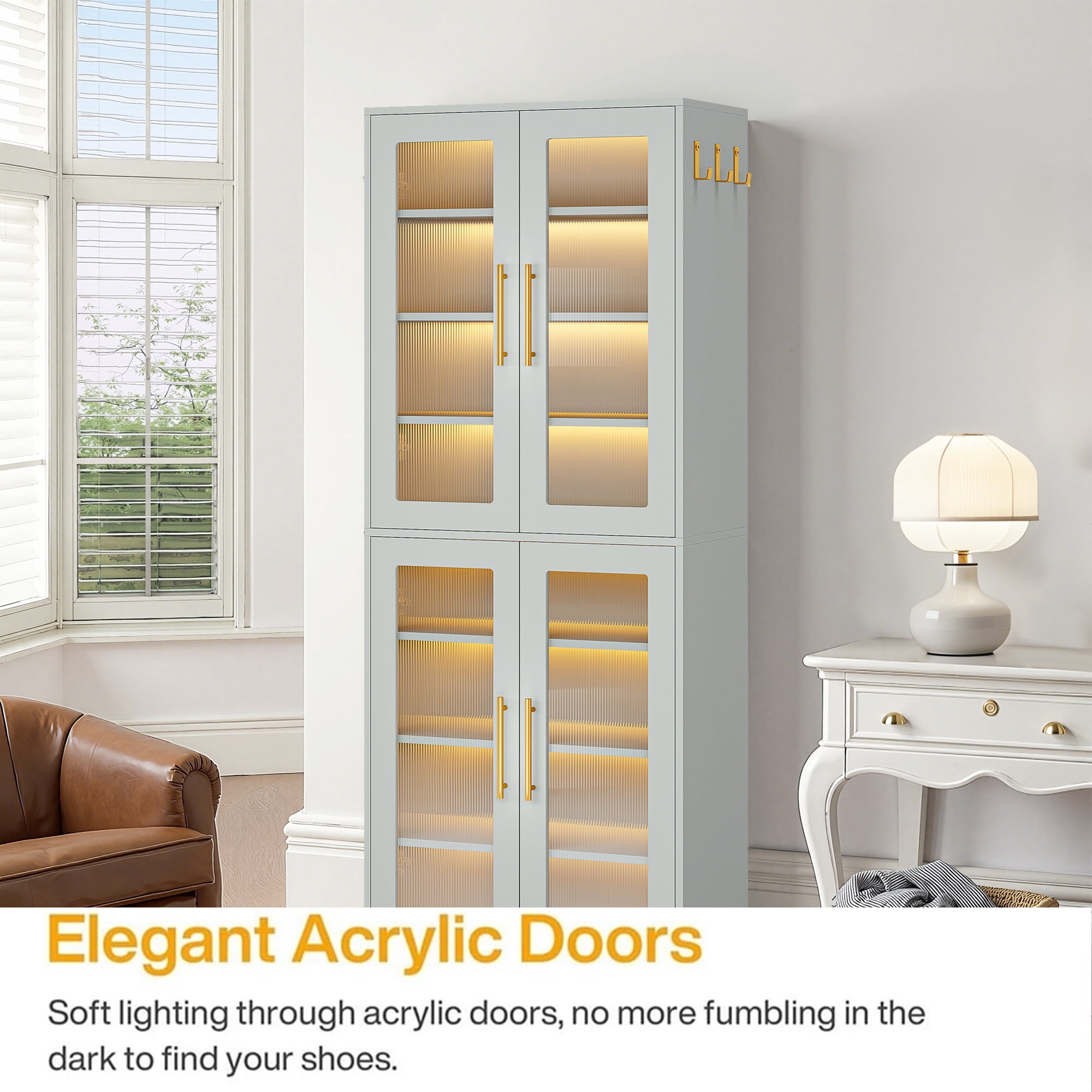 MAYEERTY Freestanding Shoe Cabinet with Acrylic Doors and LED Lights, Entryway Shoe Storage Organizer