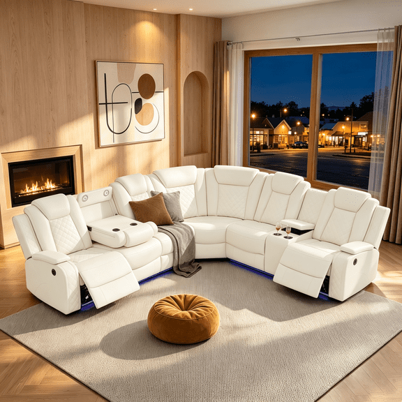 Gewnee Air Leather Oversized Power Recliner Sectional Sofa with Cup Holder for Living Room Home Office Theater Room, Beige White(Creamy)