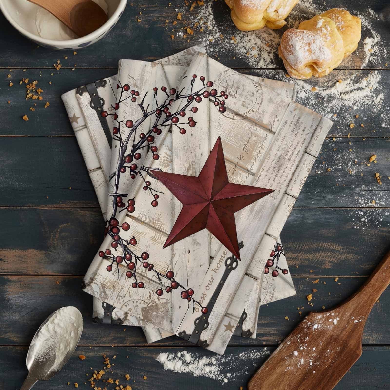 Texas Star Vintage Kitchen Towels Set of 2, Water Absorbent Dish Towel, Red Retro Berry Beige Wooden Decorative Hand Towels - Quick Drying Cloth for Cooking Baking, 18x28 Inch