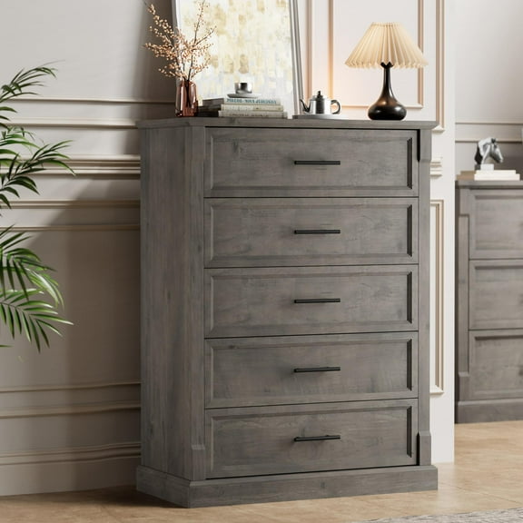 Ataucjin 5 Drawer Dresser for Bedroom, Farmhouse Tall Chest of Drawers with Metal Handles, Rustic Wooden Dresser for Living Room, Hallway
