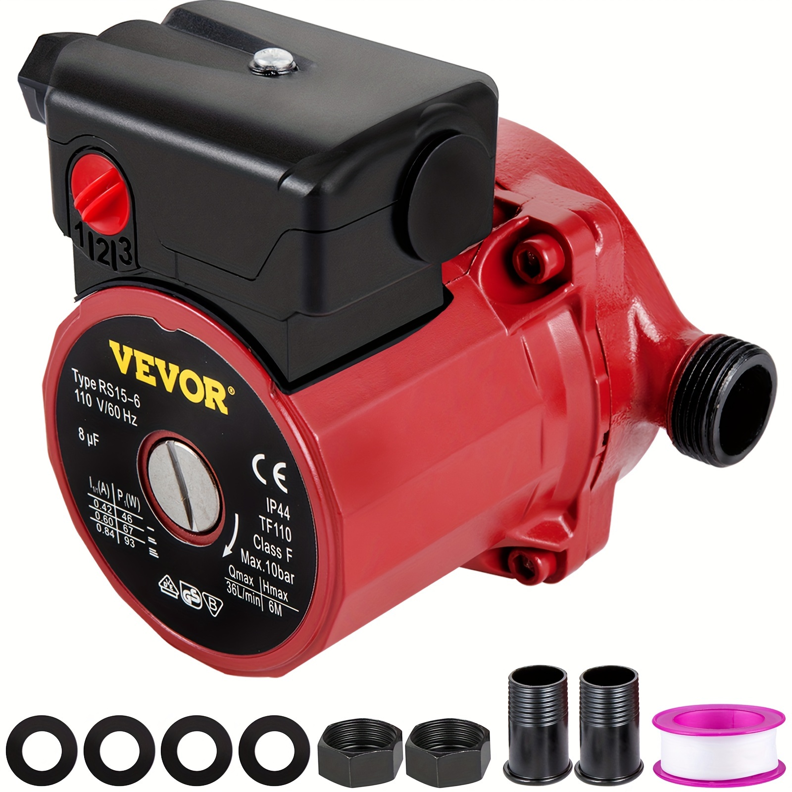 VEVOR Recirculating Pump, 93W 110V Water Circulator Circulating Pump NPT 3/4" W/Brass Fittings, 3-speed Control Recirculation 9.5 GPM RS15-6 For Electric Water Heater System