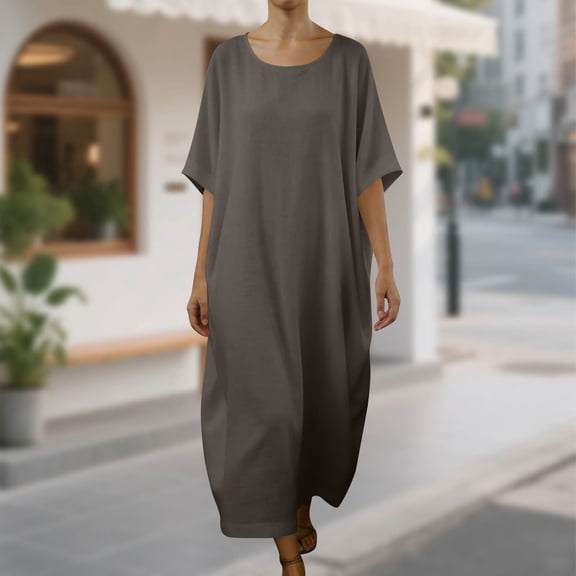 Yotami Womens Casual Dresses Summer Short Sleeve Round Neck Lightweight Maxi Linen Dress Solid Color Swing Boho Dresses Gray XL