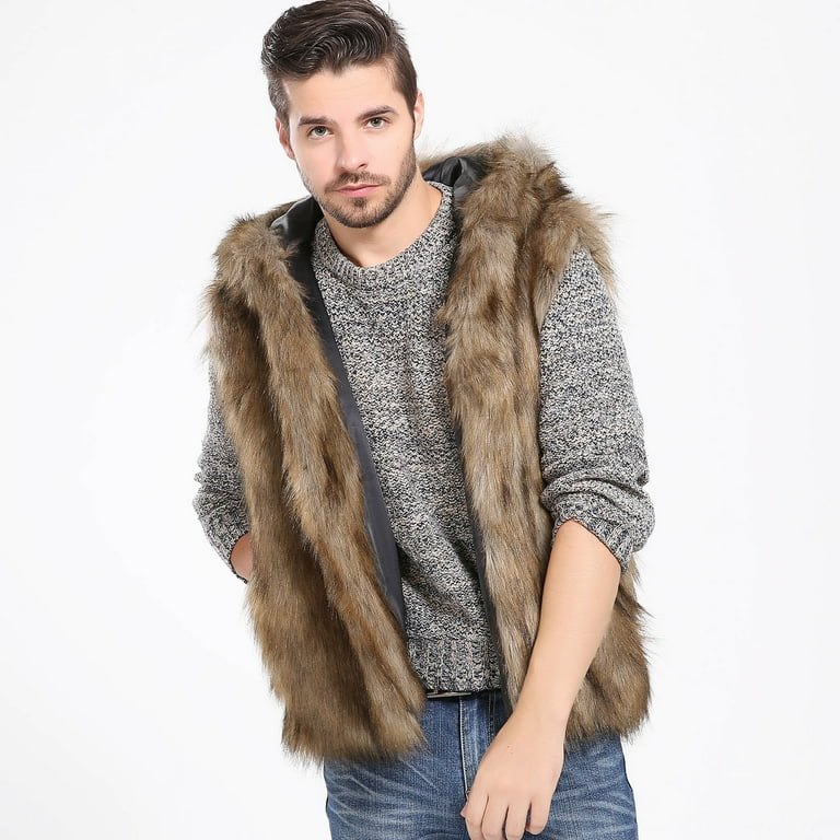 YLSDY Men s Winter Warm Faux Fur Vest Hooded Sleeveless Waistcoat Outwear Jacket Outwear Gilet Warm Thick Outwear Yellow XXXL Walmart