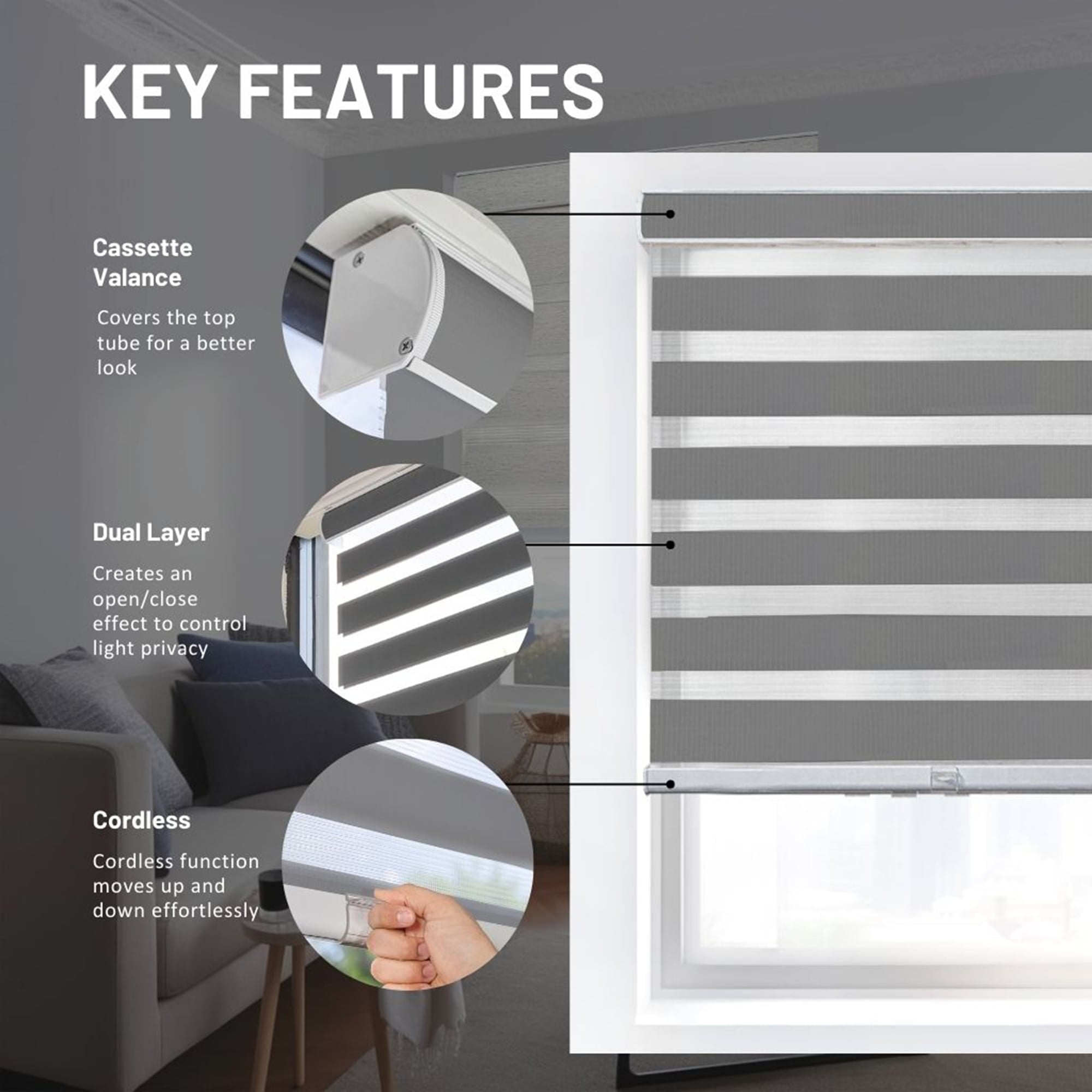 CHICOLOGY Zebra Roller Shades | Room Darkening | Gray |25"W X 72"H| Dual Layer Light Filtering Blinds | Cordless Window Shades for Home & Office | Easy Install