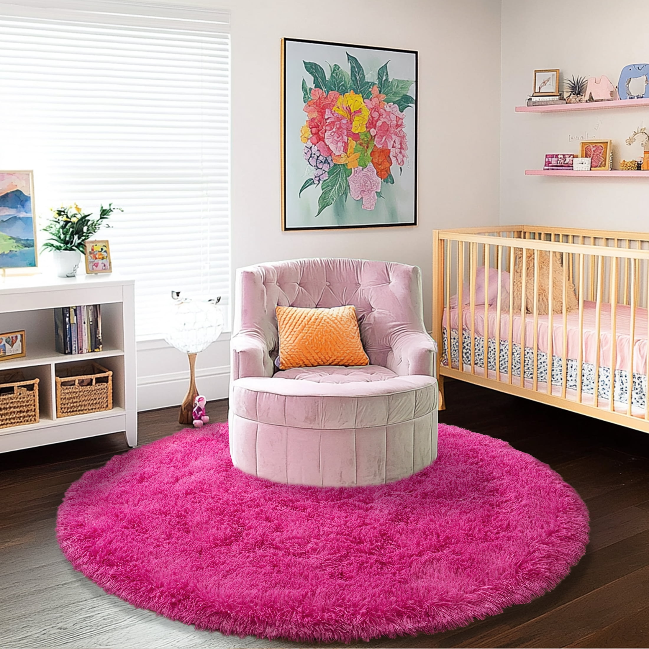 Socofuz Round Fluffy Rug, Rosy Red 5×5ft Washable Carpet - Plush Shaggy Non-Slip for Girl's Bedroom, Children's Room Nursery Bedroom