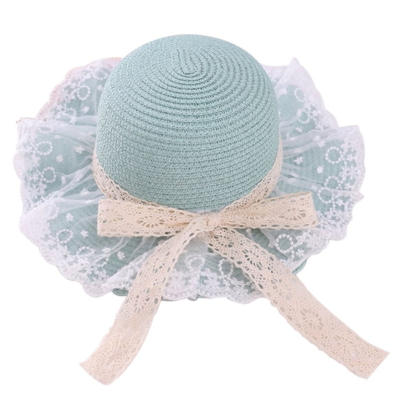 51-52 cm hat circumference children's lace bow straw hat wavy brimmed beach hat summer sunscreen sun hat outdoor outingLake green