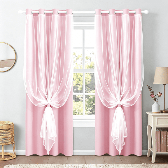 AUQ 100% Blackout Curtains with Sheer Overlay,2 Panels Thermal Insulated Double Layer Grommet Drapes for Girls Bedroom Living Room Darkening Apartment Windows Decor,52" W X 84" L,Pink