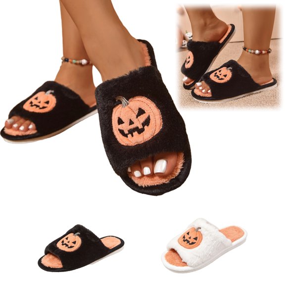 Halloween Slippers for Women Funny Pumpkin Print Open Toe Plush Cotton Slippers Anti-slip House Warm Shoes
