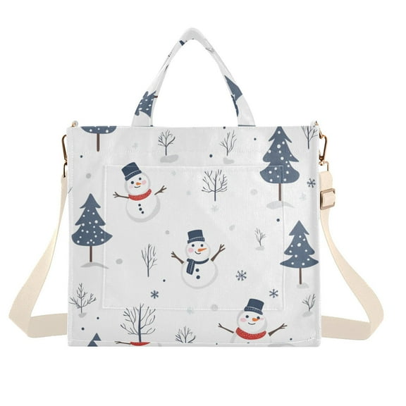 FORMRS Womens Corduroy Tote Bag Crossbody Shoulder Handbag with Pocket, Blue Cartoon Snowmen