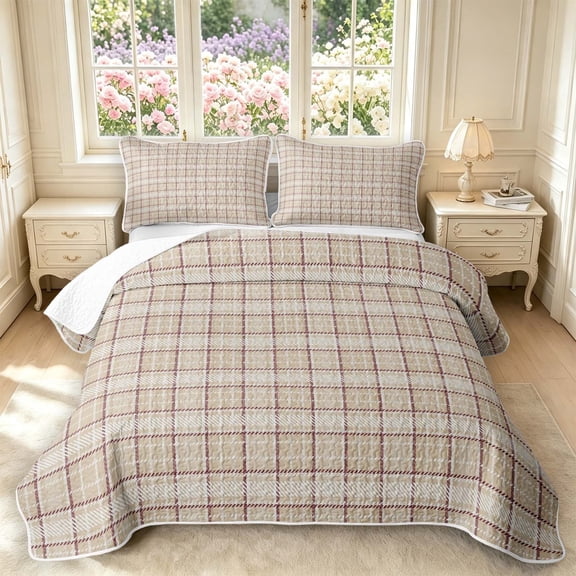 Manfei Classic Plaid Twin Quilt Set,Vintage Check Twin Coverlet Set,Beige Brown,2-Piece,1 Bedspread and 1 Pillowcase