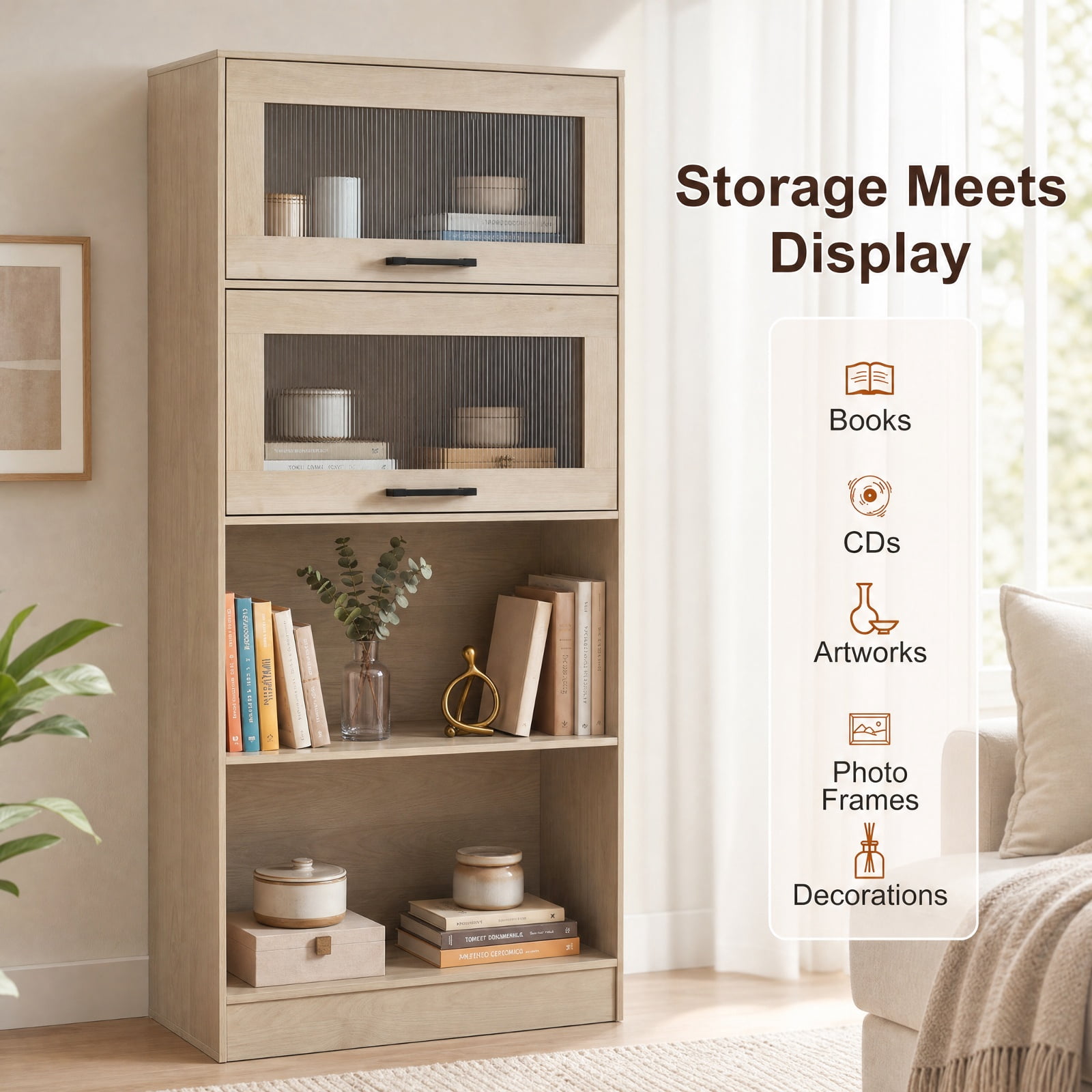 Furnibear 4-Tier Wood Bookcase with Flip-Up Cabinet Doors and Open Compartments Tall Storage for Home Office and Study, Natural