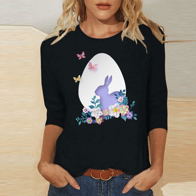 EGNMCR Easter Chemises Imprimées pour Femmes T-Shirts Graphiques pour Femmes Chemises Femmes Mode Femme Décontractée Noël Imprimé Col Rond Blouse Imprimée Manches 3/4 T-Shirt Blouses T-Shirts Femmes