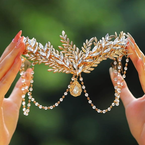 Gold Leaf Bride Wedding Headband Sparkly Crystal Bridal Hair Piece Rhinestone Hair Accessories for Women and Girls (Gold)