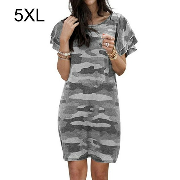 Vestido de mujer Camiseta larga con estampado de camuflaje Vestido suelto de manga corta, Gris, 5XL sidaley AP002154-32