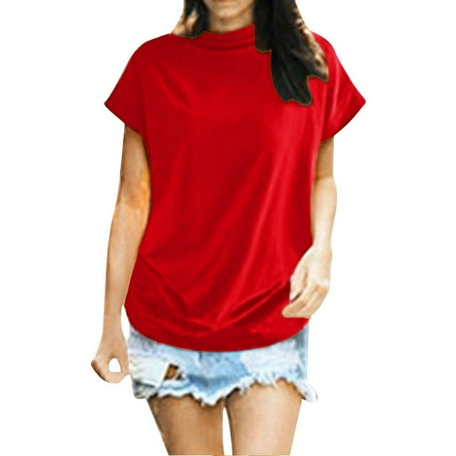 Blouse Décontractée en Coton à Manches Courtes Col Roulé pour Femmes, T-shirt Grande Taille