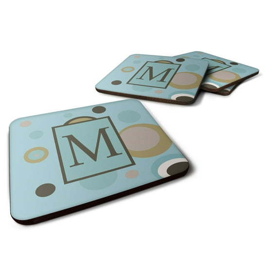 Letter M Initial Monogram - Blue Dots Foam Coaster Set of 4
