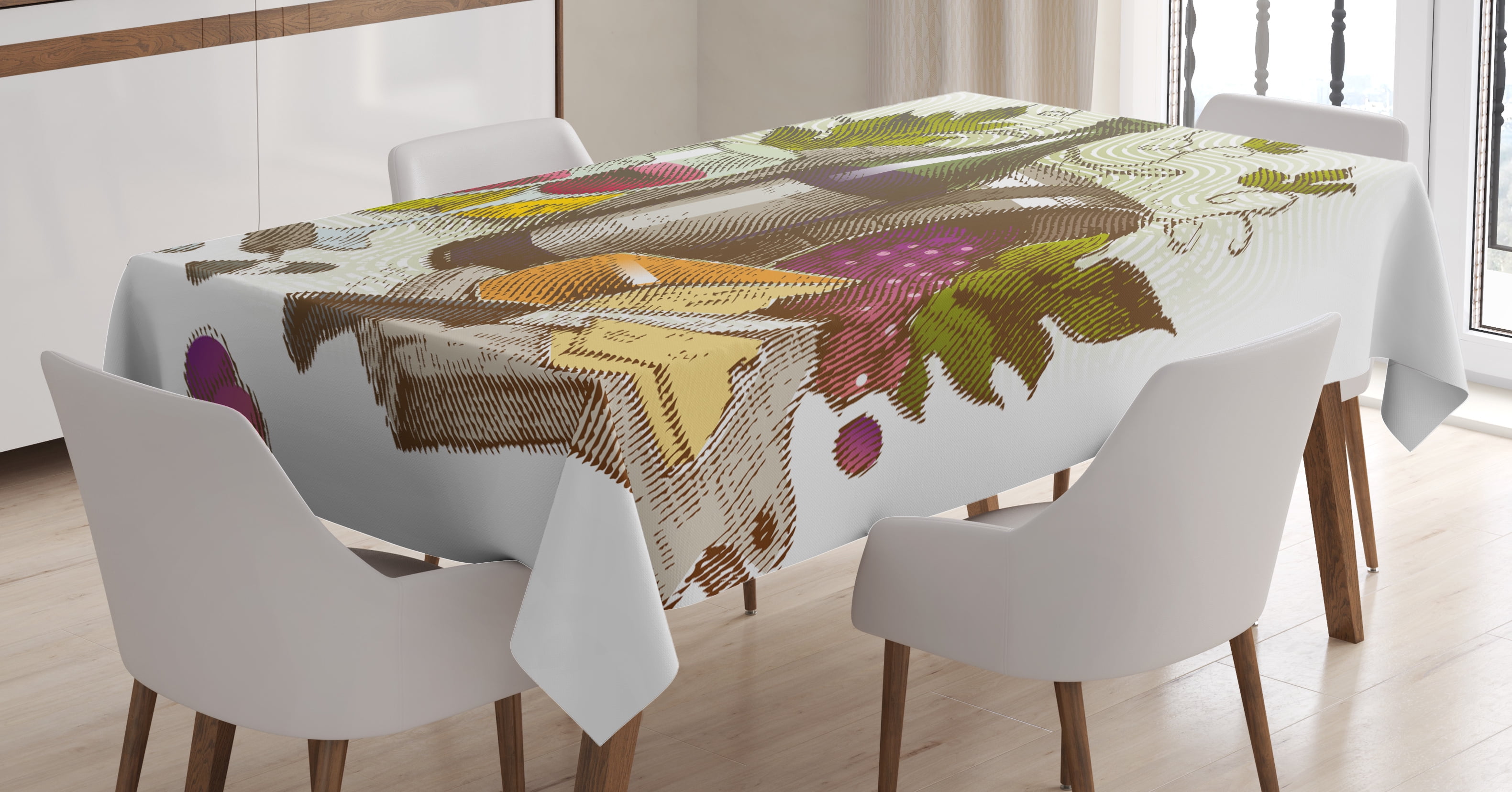 Wine Tablecloth, Vintage Style Composition with Wine and Cheese Fruits