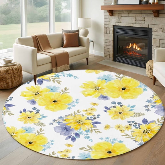 Round Area Rug 6 Ft, Yellow Watercolor Floral Washable Non-Slip Circle Carpet for Living Room/Bedroom, Spring Flower Abstract Art Low-Profile Indoor Mats Collection Rugs for Residential