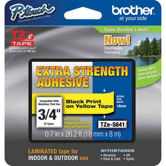 Brother Genuine P-touch TZE-S641 Tape, 3/4" (0.7") Wide Extra-Strength Adhesive Laminated Label Maker Tape, Black on Yellow, 0.7 in. x 26.2 ft. (18mm x 8M), TZES641