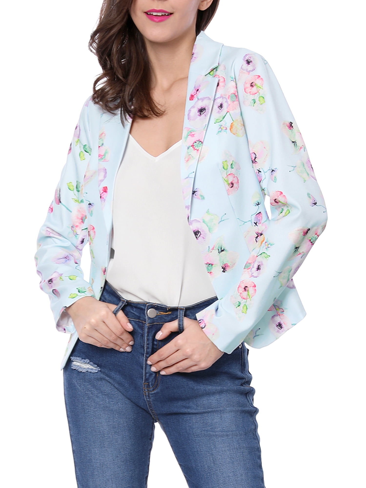 DARING DIVA Women's Elegant Notched Lapel Floral Print Blazer S Blue-Floral