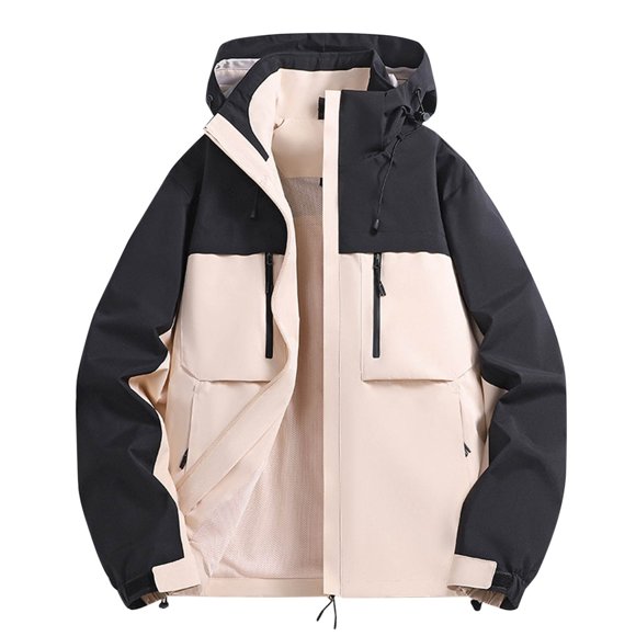 Pisexur Windbreaker Jacket Men's Fashion Casual Solid Color Pockets Zipper Jacket Long Sleeve Hooded Casual Outwear Coat Hiking Jacket Men Rain Coat Mens Jacket