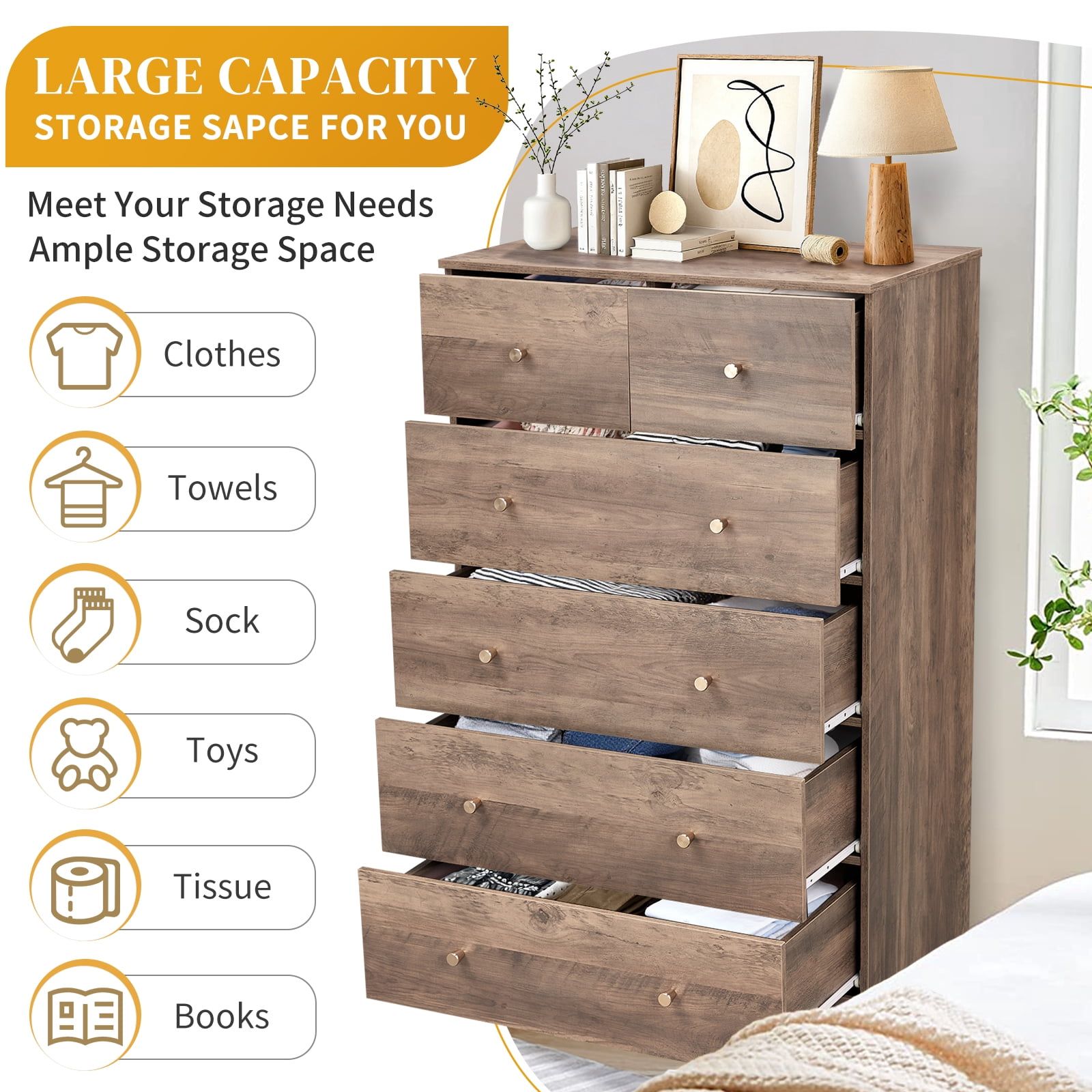 Ktaxon Laege 6 Drawers Dresser Chests for Bedroom, Wood Chset of Drawers,Dressers Organizer for Bedroom, Living Room,Hallway, Gray