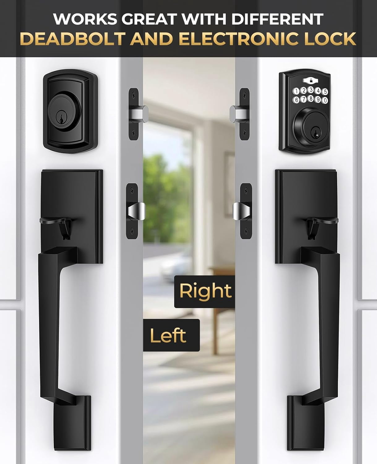 Klamerit Front Door Handle No Lock, Black Front Door Lock Set with Modern Knob, Adjustable Exterior Entry Handleset, Lower Half Grip