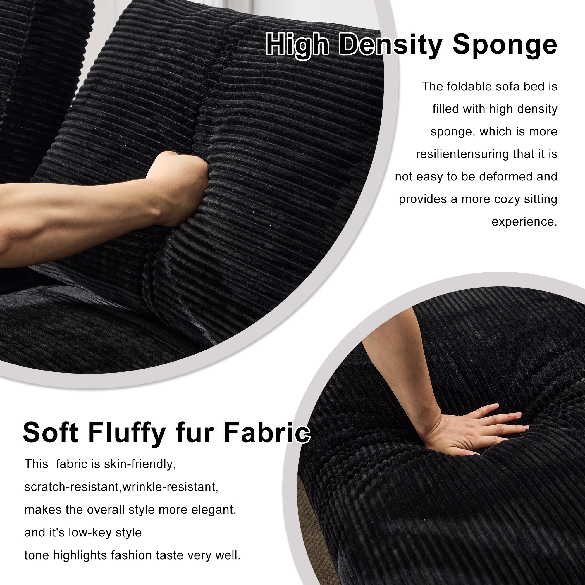 Convertible Sofa, Corduroy Compressed Sofa Bed, 3-Seat Sleeper Couch with 3 Back Cushions and 2 Throw Pillows, Soft Skin-Friendly Fabric, Wide Seat for Living Room Apartment, Black