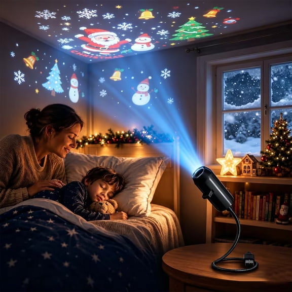 Plug-&-Play HD Christmas Projector, USB Flexible 360° Rotatable Holiday Projection Lamp with Festive Pattern Slides for Indoor Ceiling Wall Xmas Decor Christmas 6 Scenes