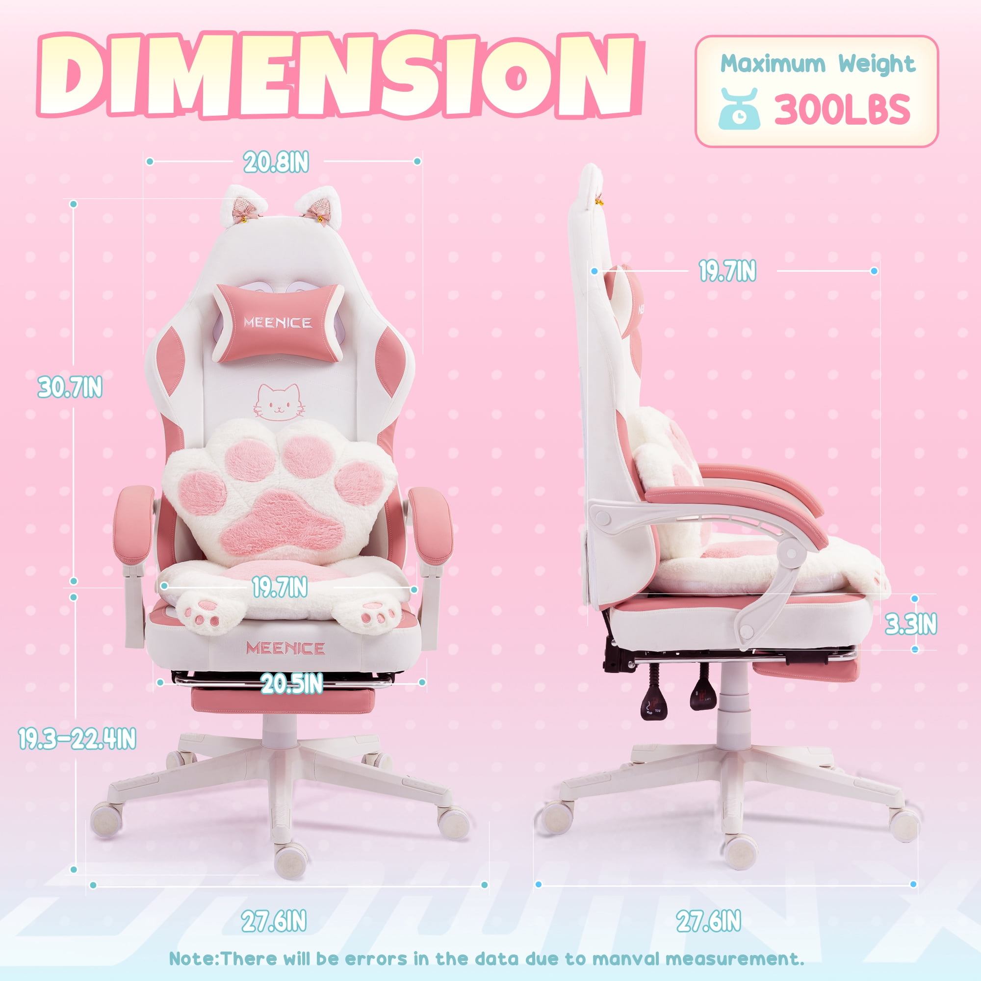 KARXAS Adult Cute Cat Ear Paw Print Reclining Fabric PC Gaming Chair with Footrest and Lumbar Support, Pink/White
