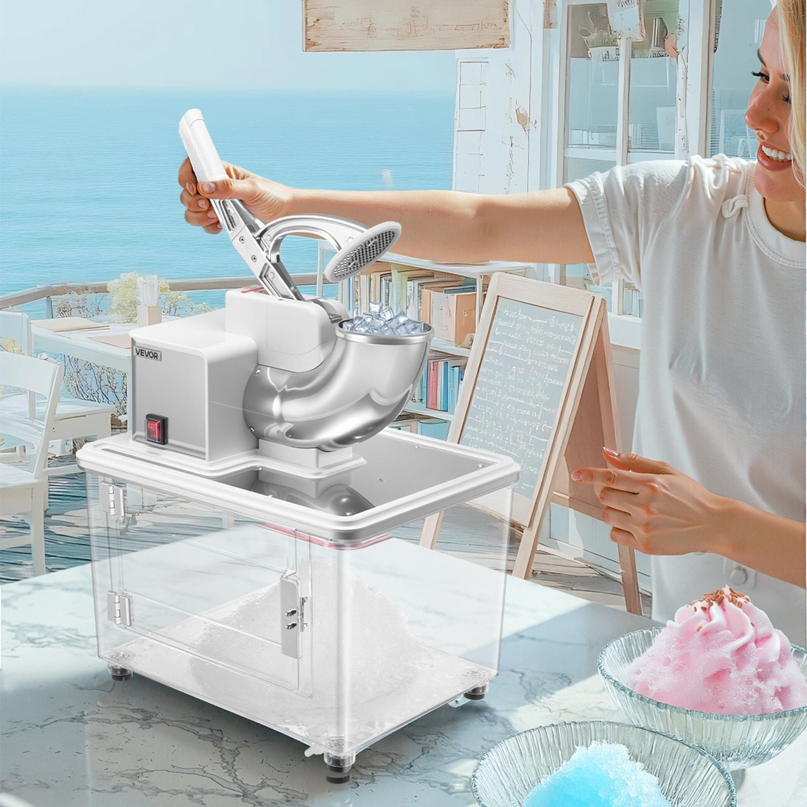 Commercial Electric Ice Crusher Snow Cone Maker 661LBS/H Shaved Ice Machine with 11 Gal/50L Ice Box, 350W Motor, 4 Stainless Steel Blades, One-Touch Operation, Ergonomic Handle, Efficient Drainage