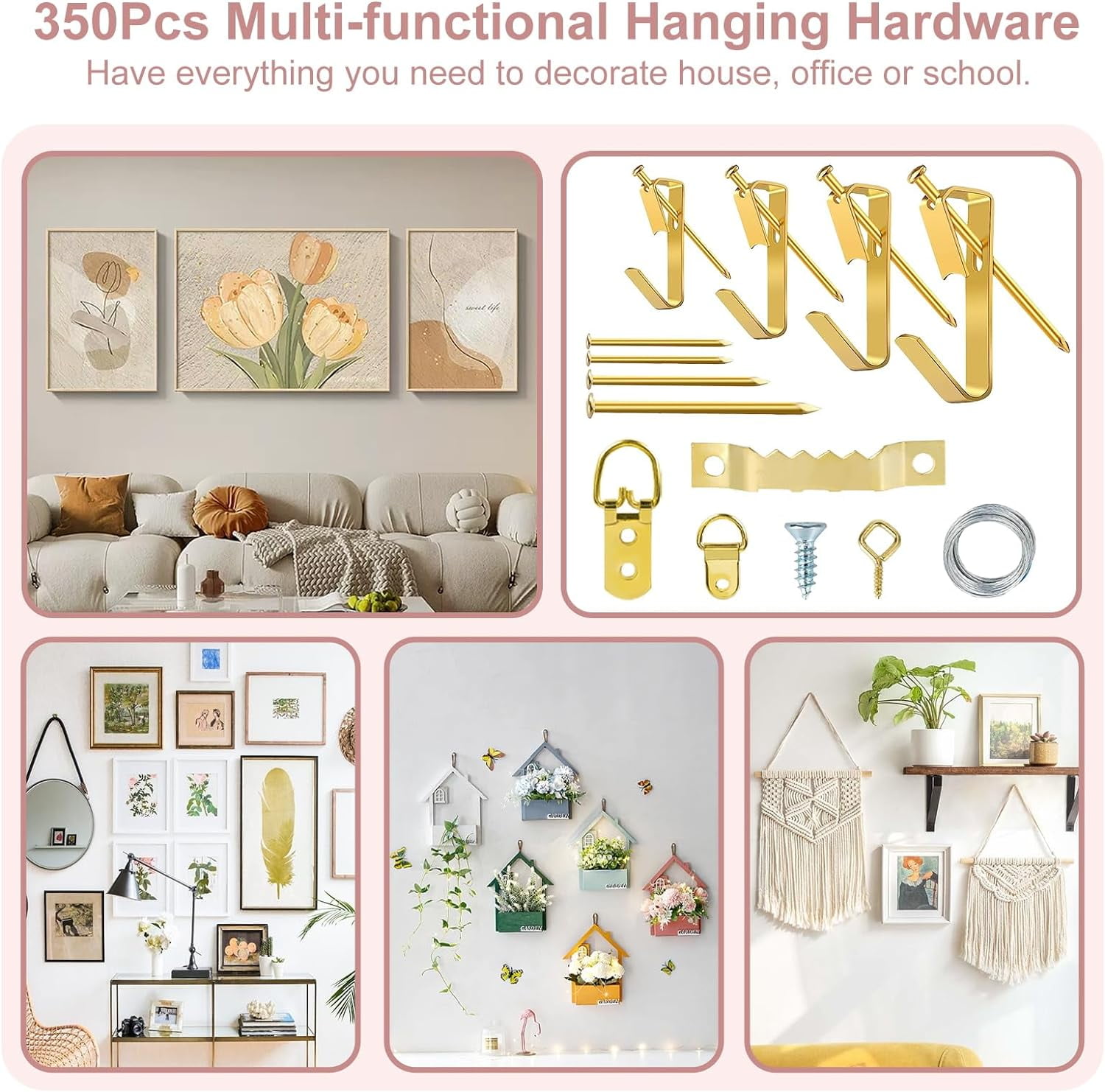 TOYIEW Picture Hanging Kit Tool, 352pcs Hanging Hardware with Heavy Duty Frame Hooks, Wire, Nails, D Rings, Photo Sawtooth Hangers, Wall Art Hanging Kit with Laser Level, Pink Claw Hammer