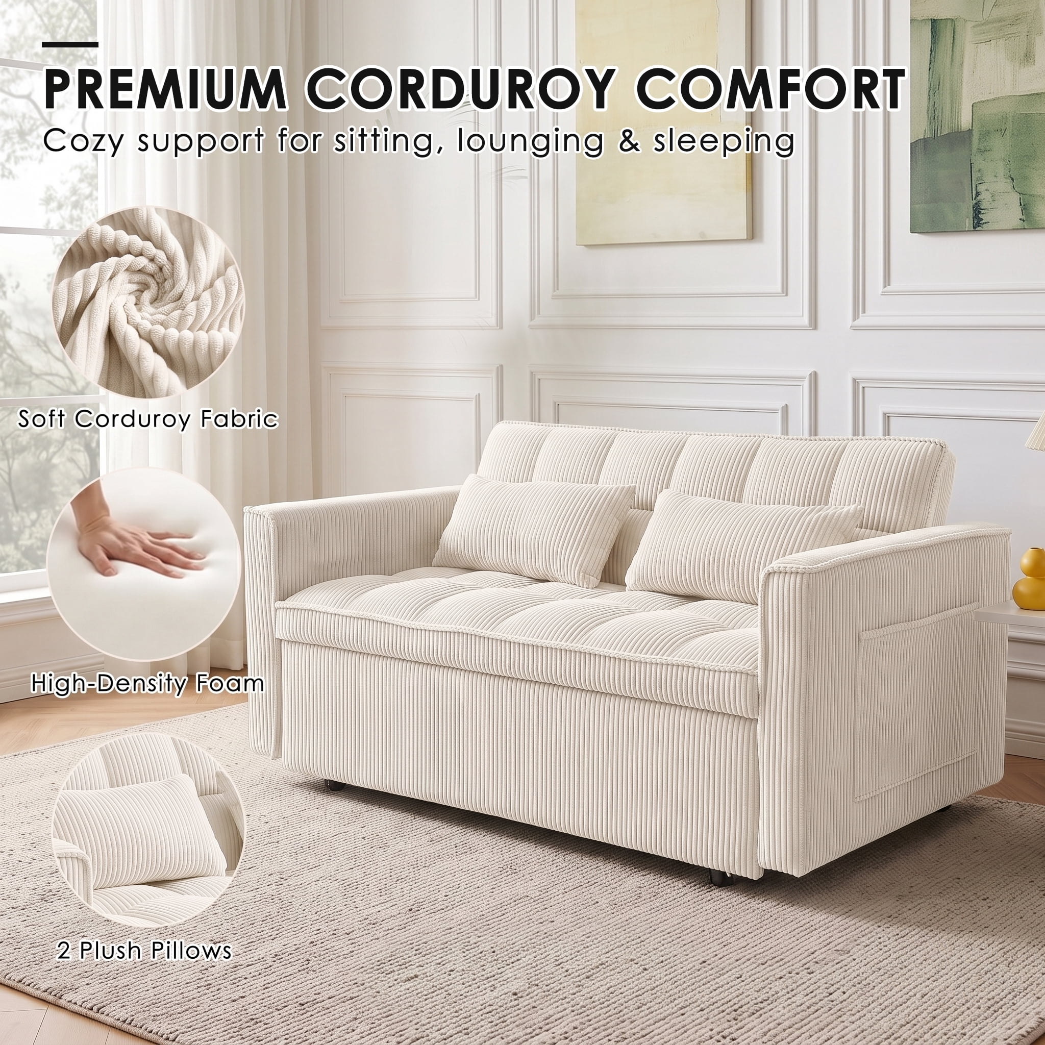 AISWORD Sleeper Sofa Bed, 3-in-1 Convertible Pull Out Couch with Adjustable Backrest for Living Room, Loveseat Sofa Bed with Side Pockets, Beige