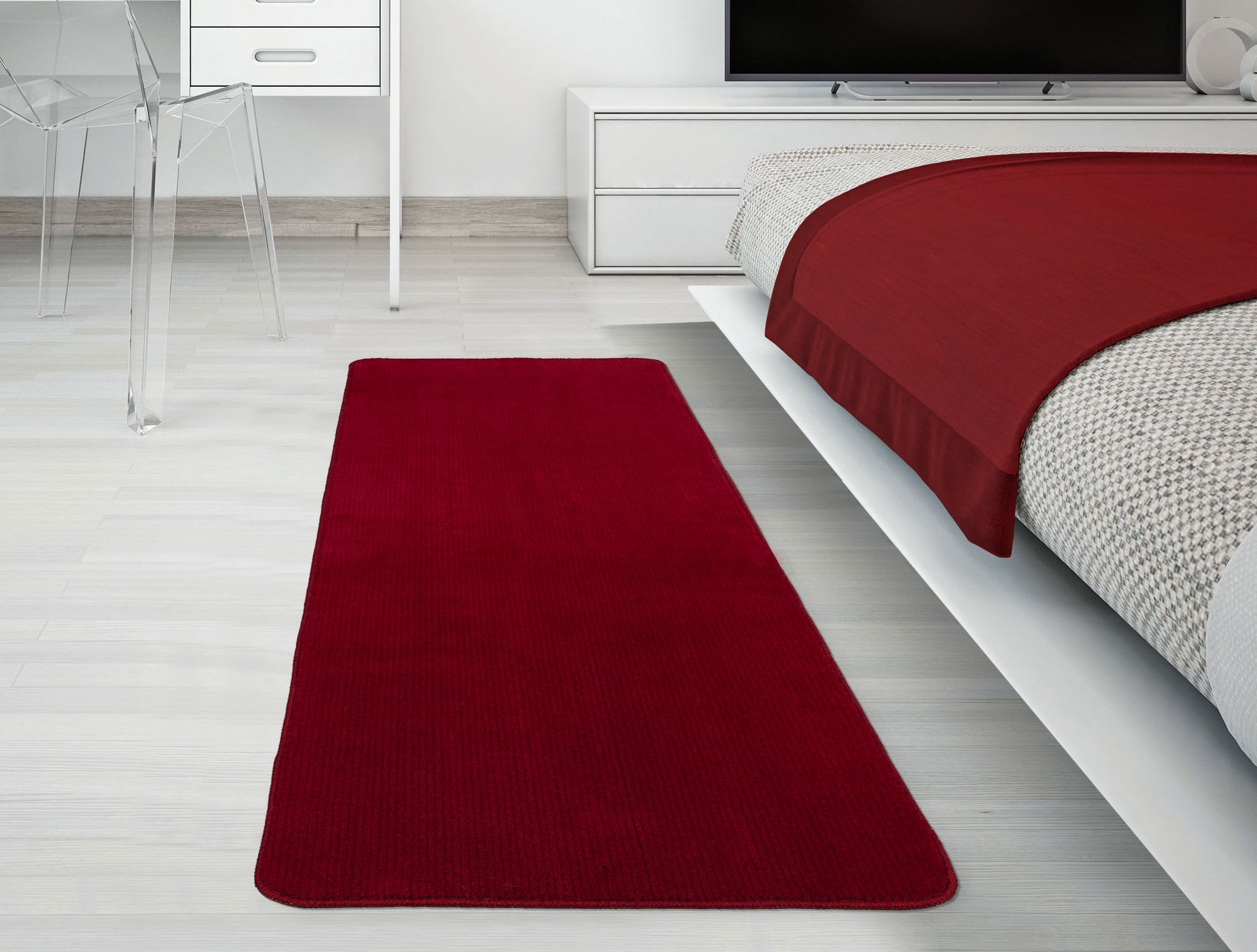 Ottomanson Softy Bath Rug Washable Non-Slip Rubberback Solid 2x5 Indoor Runner Rug, 20" x 59", Red
