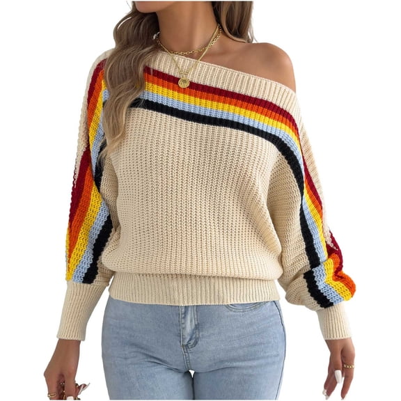 Womens Sweater Off Shoulder Oversized Knit Rainbow Striped Long Sleeve Pullover Casual Fall Winter Tops Beige L