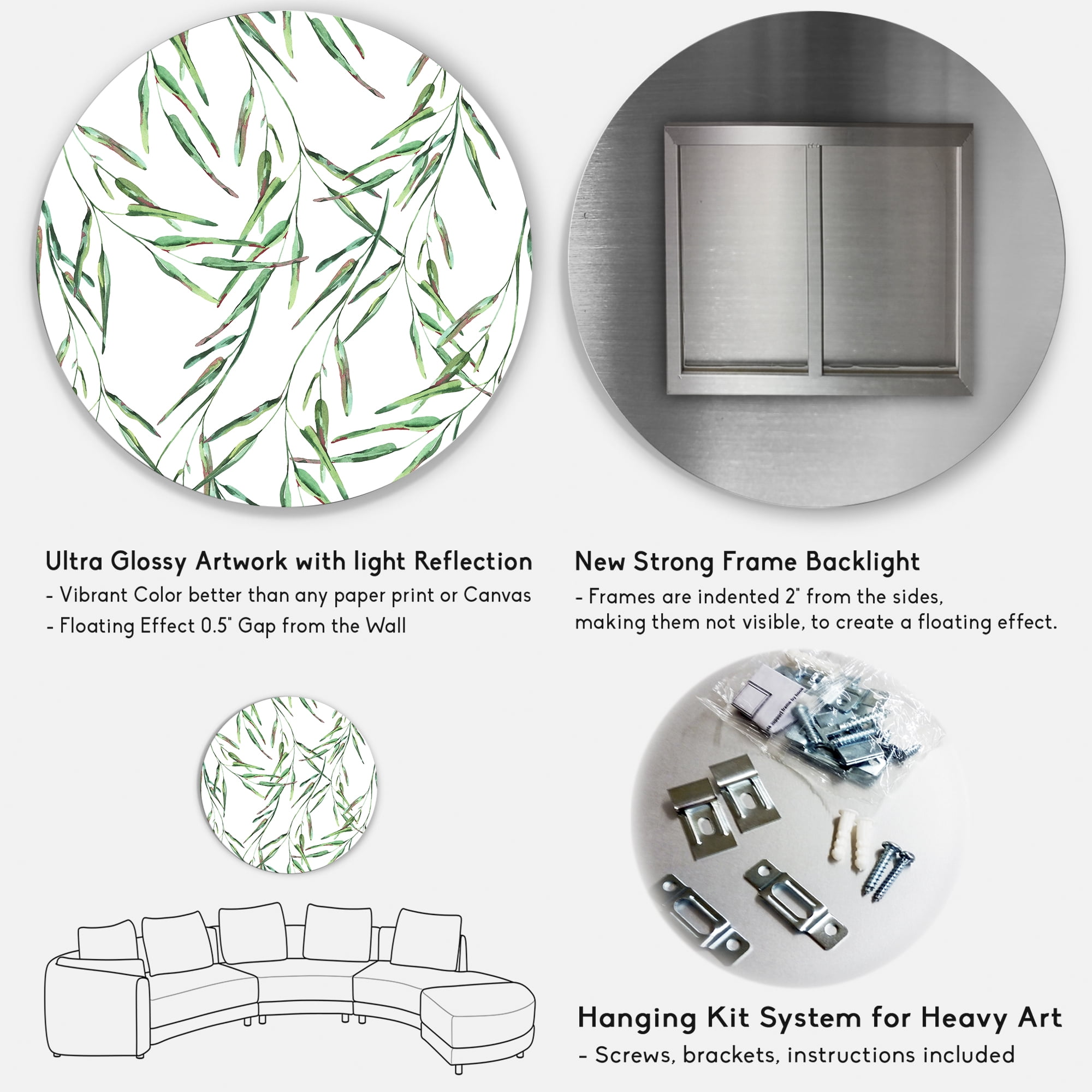 Designart 'Tropical Green Leaves On White In Summer Times II' Tropical Circle Metal Wall Art 29x29 - Disc of 29