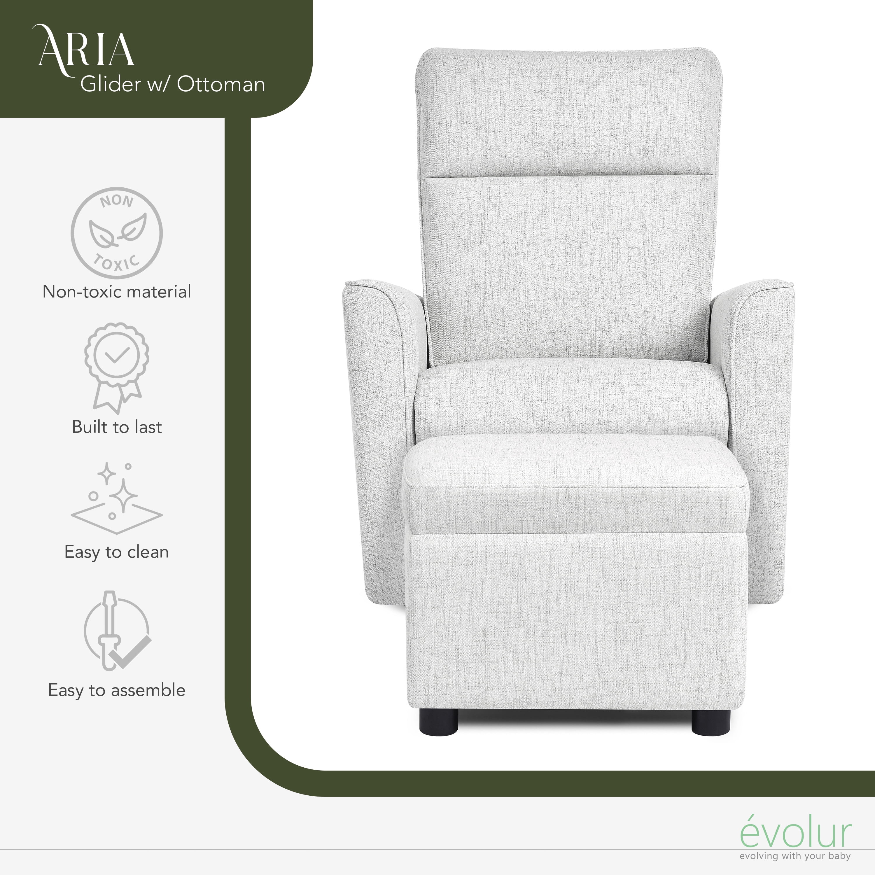 Evolur Aria Swivel Glider with Ottoman / Swivel Glider / Easy assembly Leisure Chair, Fog Grey