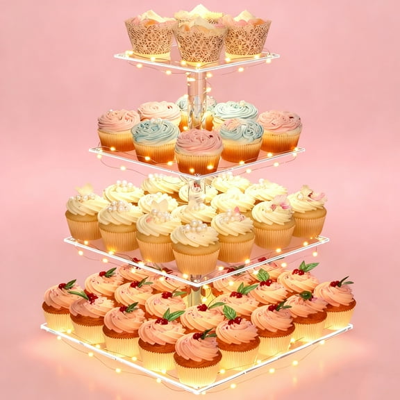 LANNEY Acrylic Cupcake Stand, 4 Tier Cupcake Stand for 52 Cupcakes with LED String Light, Square Cup Cake Tower Stand Clear Dessert Table Display for Birthday, Wedding, Party