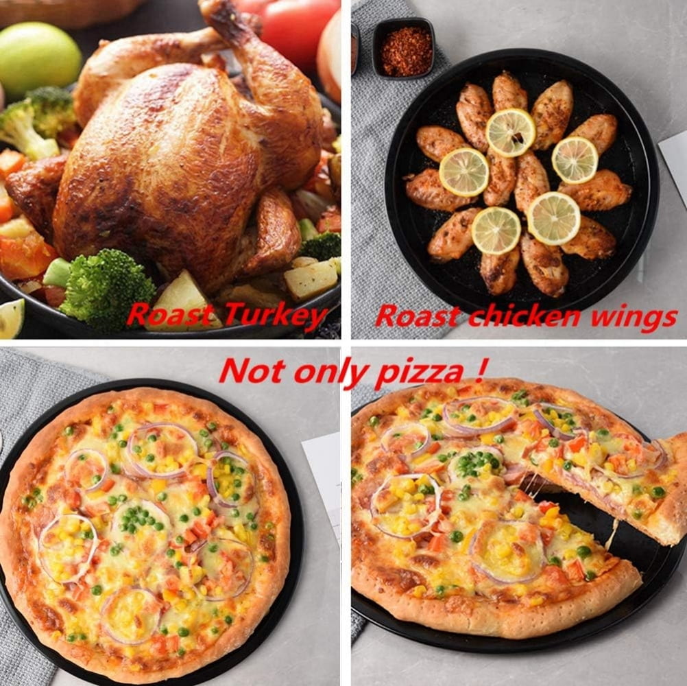 10 inch Pizza Pan, Boriyuan 4 Pcs Non-Stick Pizza Tray with Oil Brush, Round Baking Pan for Oven, Reusable Bakeware for Home Restaurant Kitchen Baking Supplies, Black