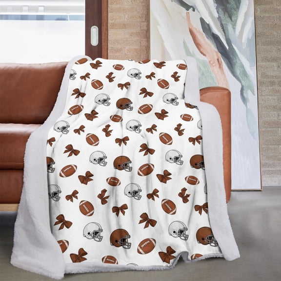 Football Bow Brown Pattern Soft Sherpa Fleece Throw Blanket, Warm Cozy Plush Blanket for Sofa Bed Couch, All Season, 60"x80"