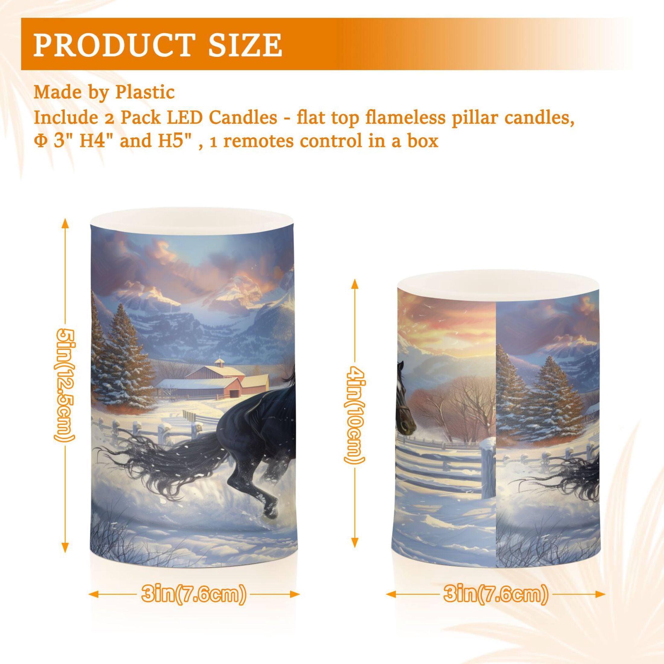 Flickering Flameless LED Candles set of 2 Battery Operated 18-Key Remotes Timer Halloween Fall Decor Horse Galloping in Snow D3''xH4''5''