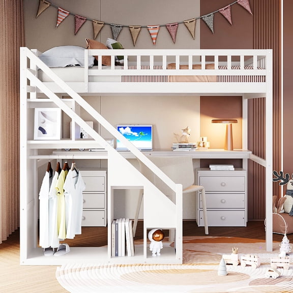 Full Size Loft Bed Frame with Built-in Desk and 2 Storage Drawers,Light Strip Solid Wood Loft Bed with Storage staircase and Wardrobe for Bedroom, Apartment, Mattress not included, White