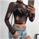 thumbnail image 2 of Qarigey Camiseta corta de malla con estampado de Ángel para mujer, camiseta transparente de manga larga con perspectiva, perspectiva Prendas para la parte del cuerpo negro S, 2 of 6